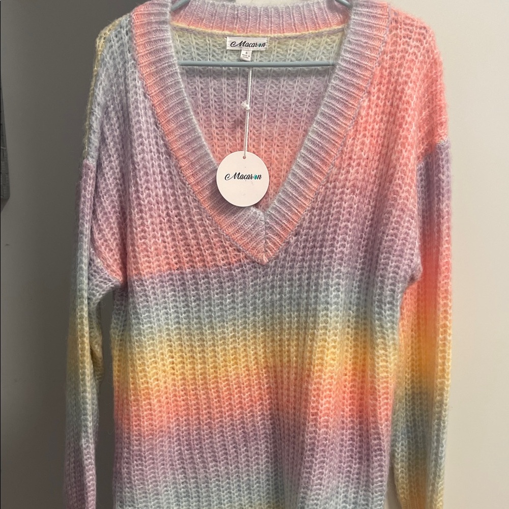 MACARON Pastel Striped V-Neck Sweater Size Small oversized